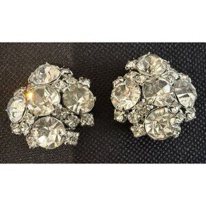 Gale Clear Rhinestone Clip Earrings Prong Set Round 1” Signed Vintage
